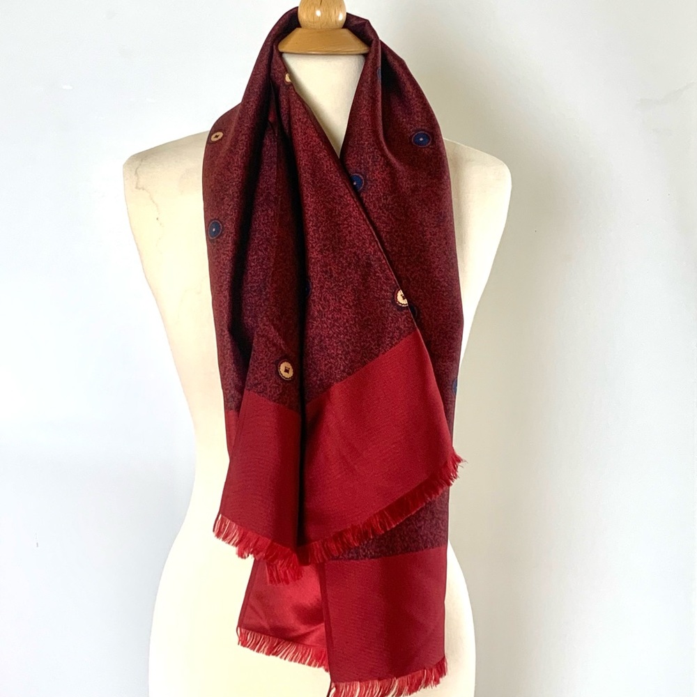 Elegant silk scarf or shawl. Red graphic dot pattern reversible 48” x 27”